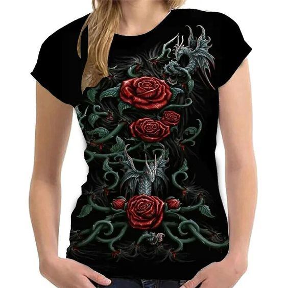 Gothic Fashion Rosenschädel-Druck Kurzarm-T-Shirt 