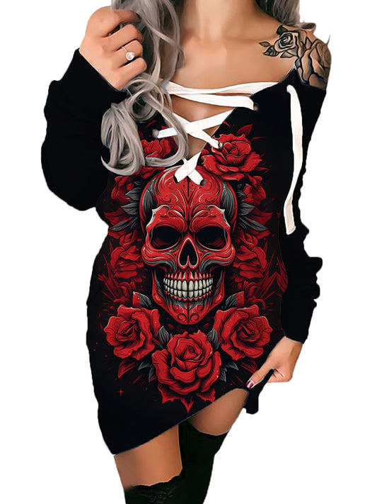 Gothic Skull Printed V-neck Bandage Sexy Dress