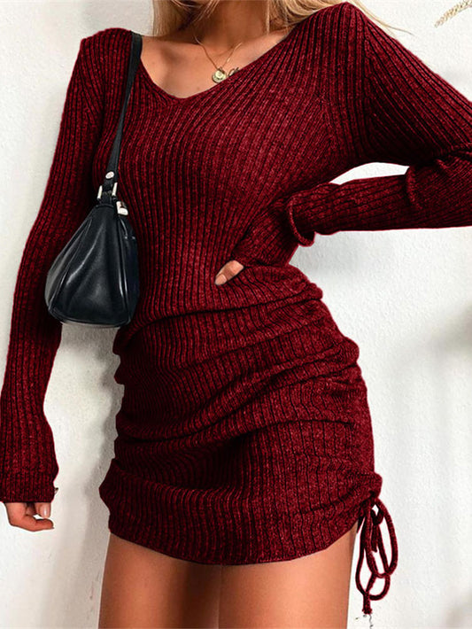 Sexy Knitted Sweater Pleated Drawstring Thread Skirt