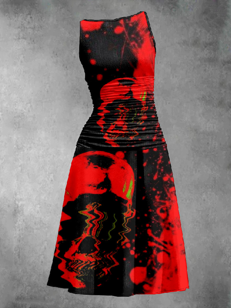 Gothic Red Skull Printed Pleated Vest Dress