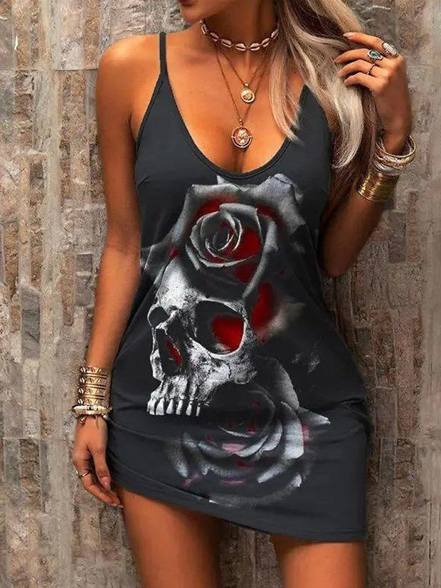 Sexy Black Rose Skull Print Temperament Camisole High Waist Dress