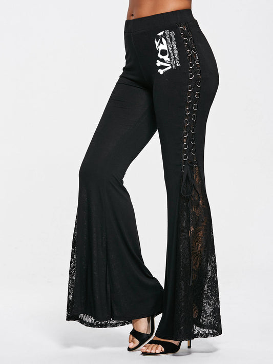 Gothic Skull Rose Cross Print Lace Bell-Bottom Pants