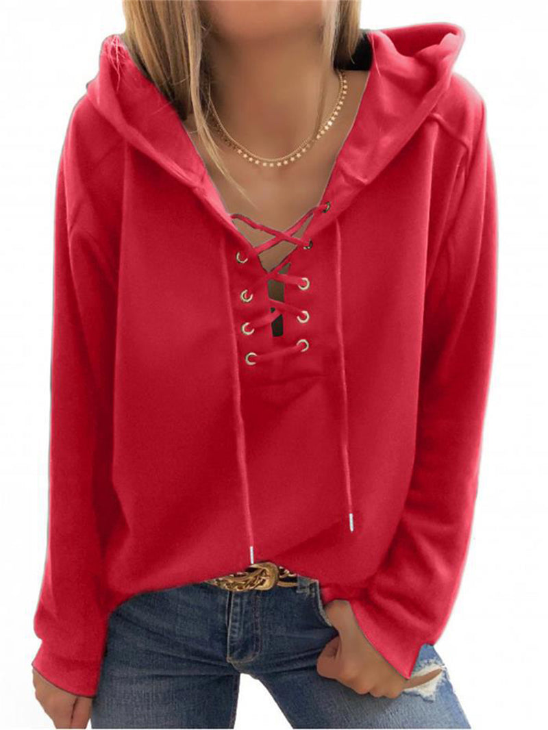 Casual Women's Pure Color Tied Long-Sleeved Hooded Sweater