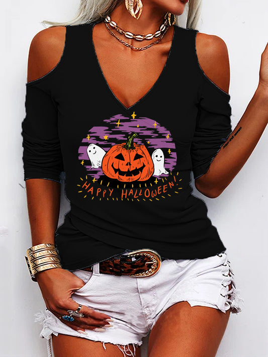 Halloween Pumpkin V-neck off-the-Shoulder T-shirt