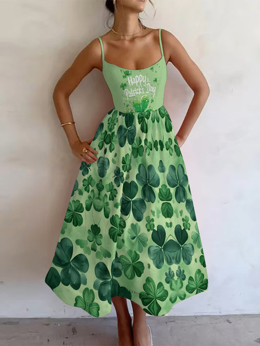 Happy Patrick's Day Lucky Four-Leaf Clover Printed Suspension Dress