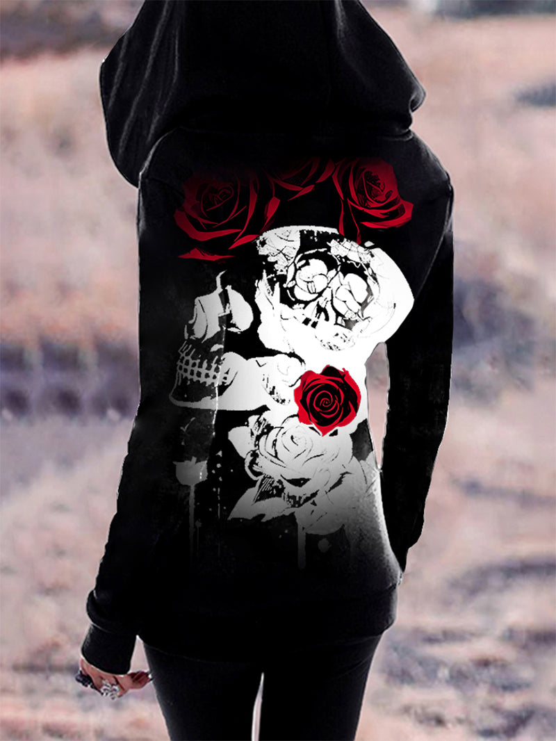 Women's Gothic X-Ray Skull Red Rose Full Printed Hoodie