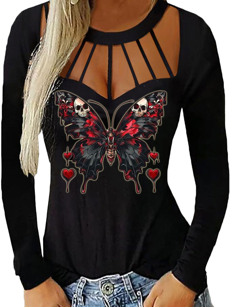 Sexy Gothic Style Blood Drop Butterfly Binding Hollow-out Tight T-shirt