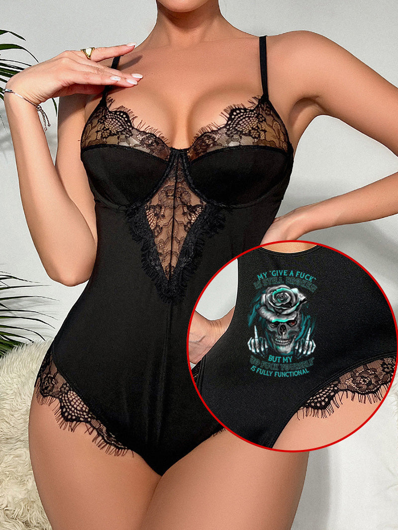 Sexy Gothic Iron Skull Rose Lace Cutout Splicing Sling Jumpsuit