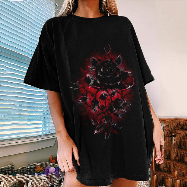Kurzarm-T-Shirt mit dunklem Rosen-Print 