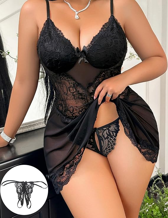 Plus Size Sexy Lace Slip Nightdress 2-Piece Set