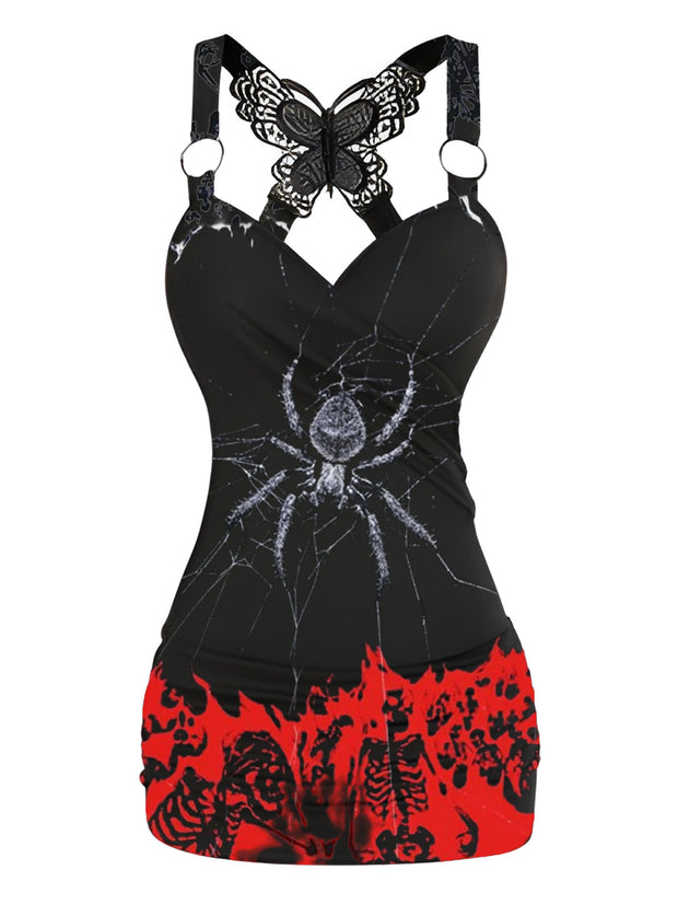 Spider Web Printed V-neck Sexy Butterfly Back Dress