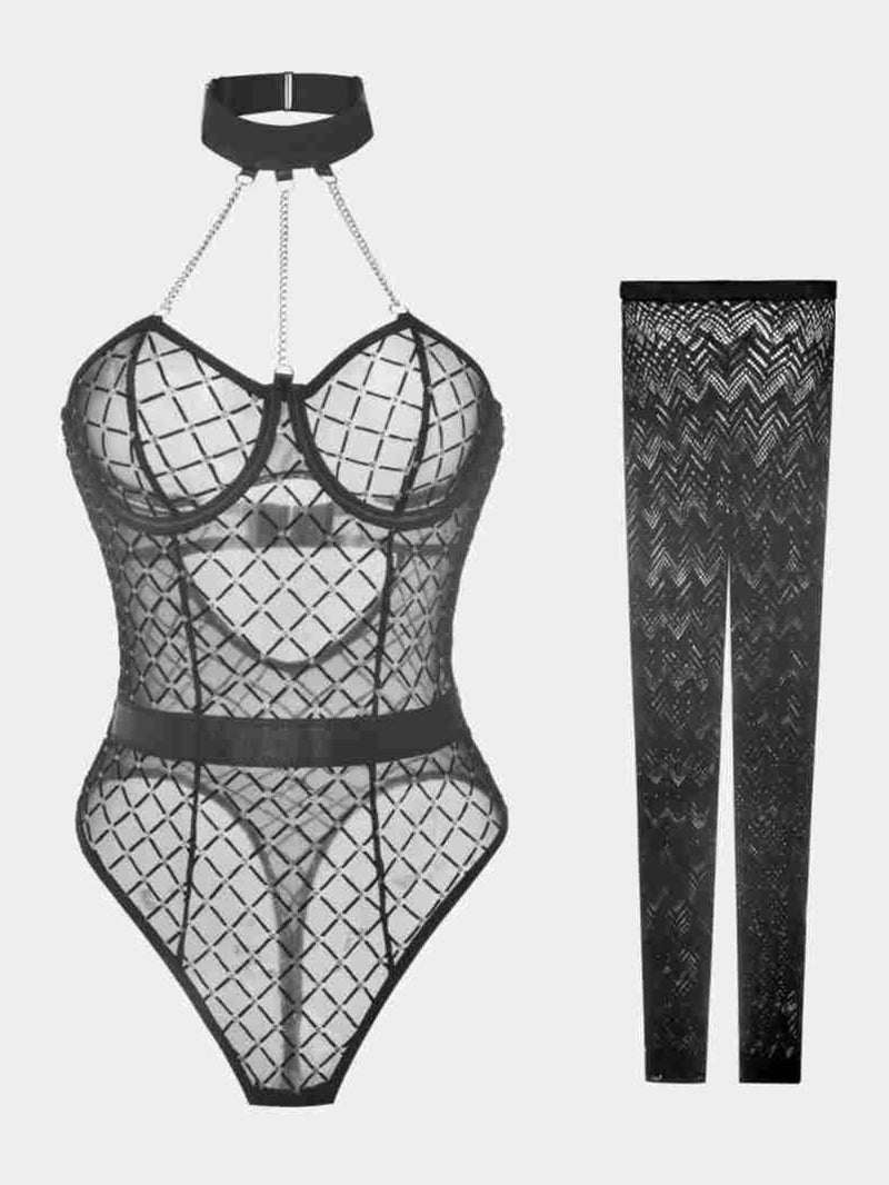 Sexy Chain Halter Lace See-through Rhinestone Underwear Stockings Jumpsuit Suit