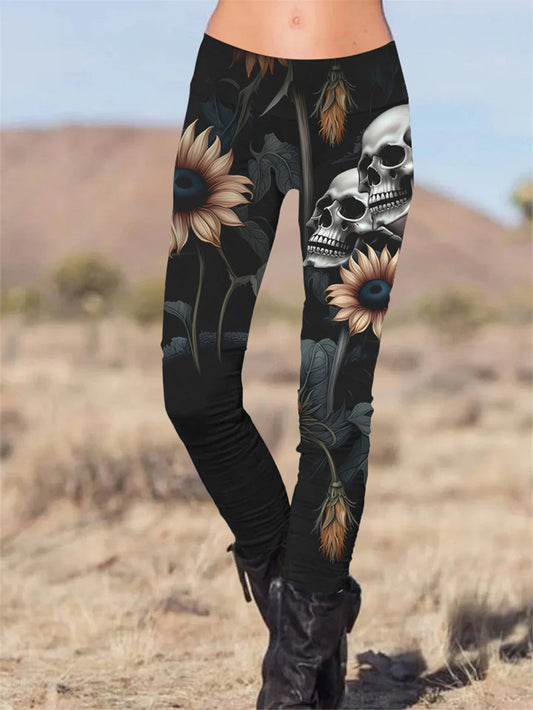 Gothic Skull Sunflower Printed Slim Fit Pants