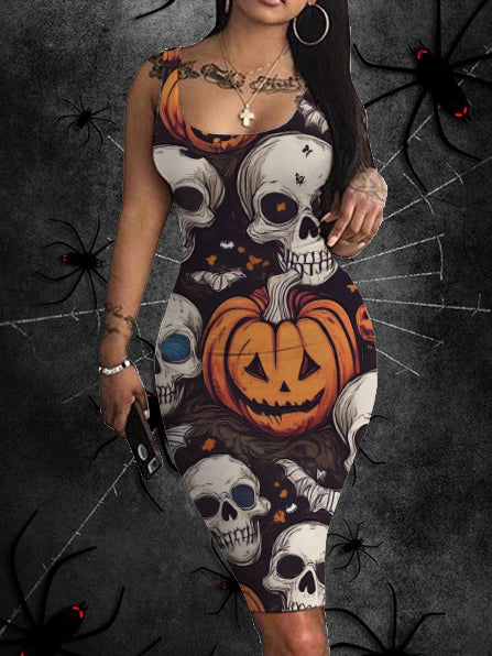 Halloween Skull Pumpkin Bat Printing Slip Dresses