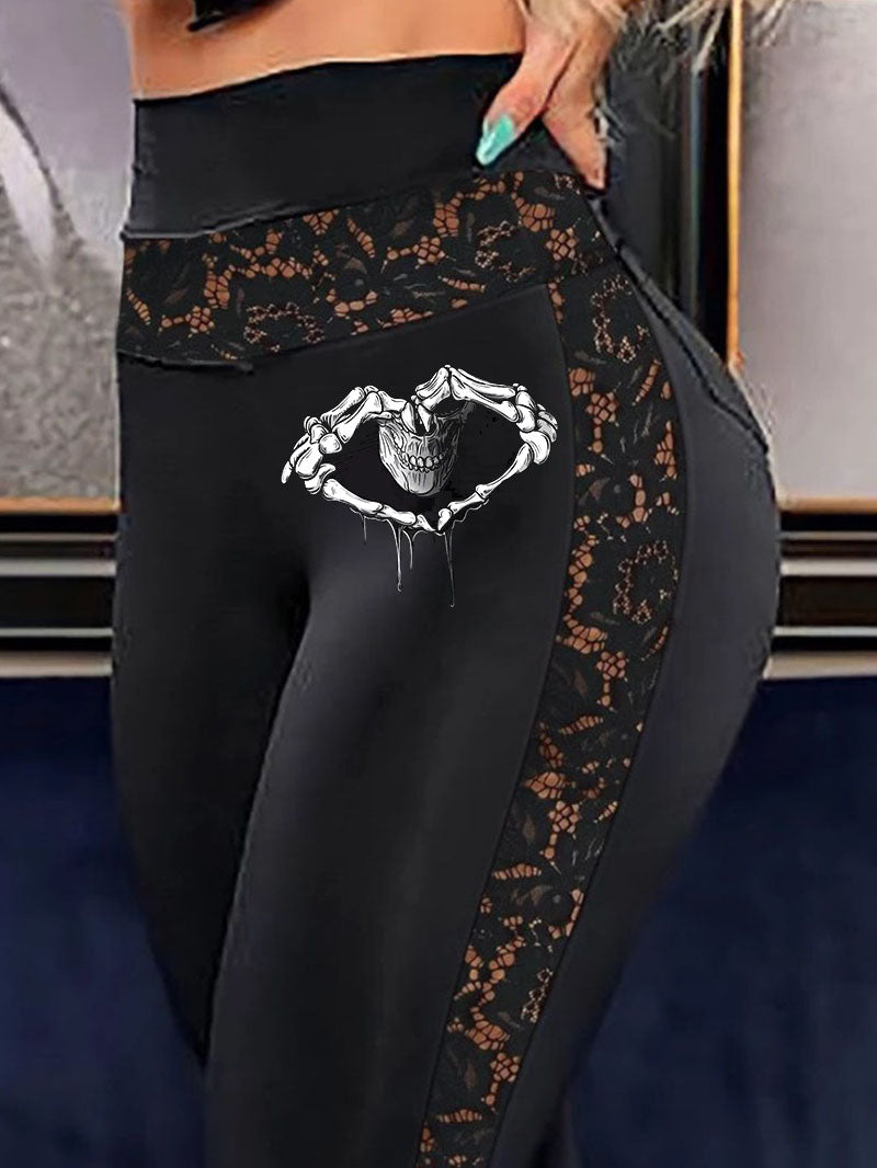 Sexy Love Skull Print Lace Patchwork Pants