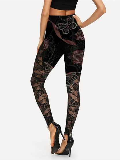 Sexy Yoga-Leggings mit Rosen- und Schmetterlings-Print 