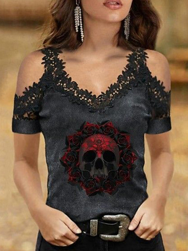 Gothic Skull Rose Print off-Shoulder Lace V-neck Brace Mesh Short Sleeve Top