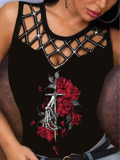 Dark Red Rose Skull Print Vest