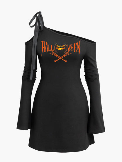 Pumpkins Halloween Print Shoulder Lace-up Diagonal Collar Dress