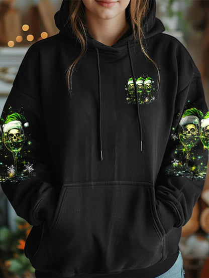 Women's Christmas Skull Green Wine Glass Print Hoodie