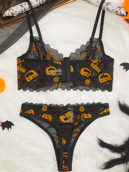 Sexy Pumpkin Embroidery Hollow Lace Breathable Bra Set