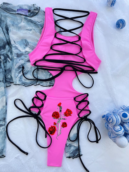 Sexy Cross Rose Print Backless Lace up Swimsuit