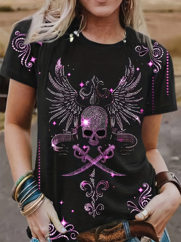 T-shirt à manches courtes avec imprimé tête de mort et ailes gothiques 