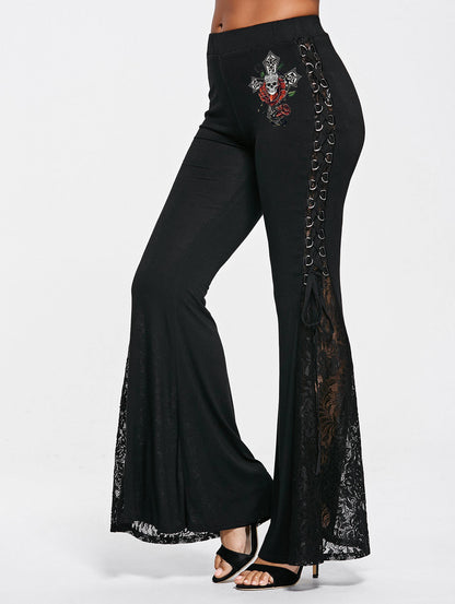 Gothic Cross Skull Print Lace Bell-Bottom Pants