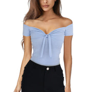 Sexy Pleated Knotted V-neck Slim T-shirt