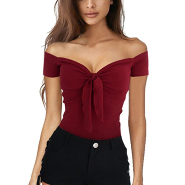 Sexy Pleated Knotted V-neck Slim T-shirt