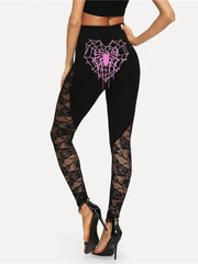 Purple Spider Print Lace Patchwork Sexy Sports Leggings
