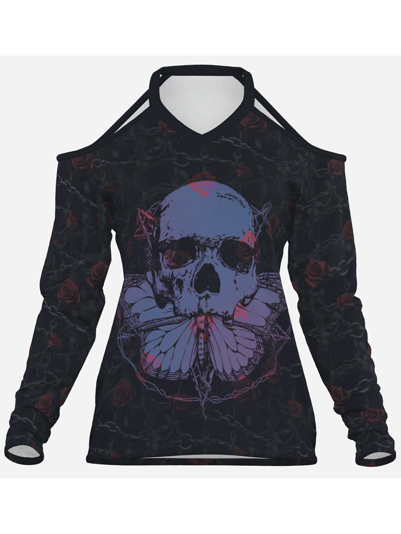 Sexy Women's Gothic Chain Butterfly Skull Print off-Shoulder Brands Long Sleeve Top