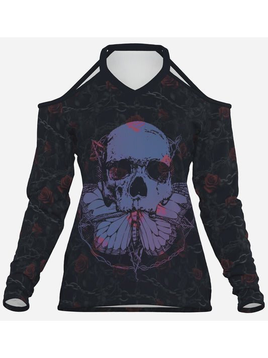 Sexy Women's Gothic Chain Butterfly Skull Print off-Shoulder Brands Long Sleeve Top