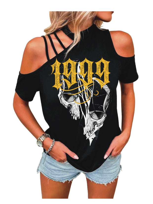 1999 Skull Printed round Neck off-the-Shoulder Hollow-out T-shirt