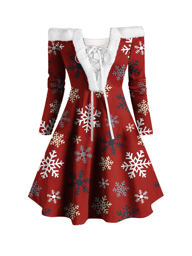 Christmas Printed Female Plush Collar Stitching Long Sleeve Tether Dress