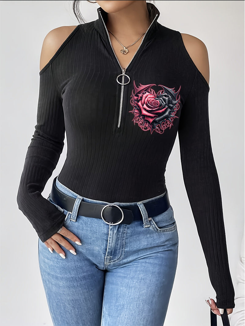 Women's Gothic Flower Zipper Stand Collar Hollow Long Sleeve T-shirt