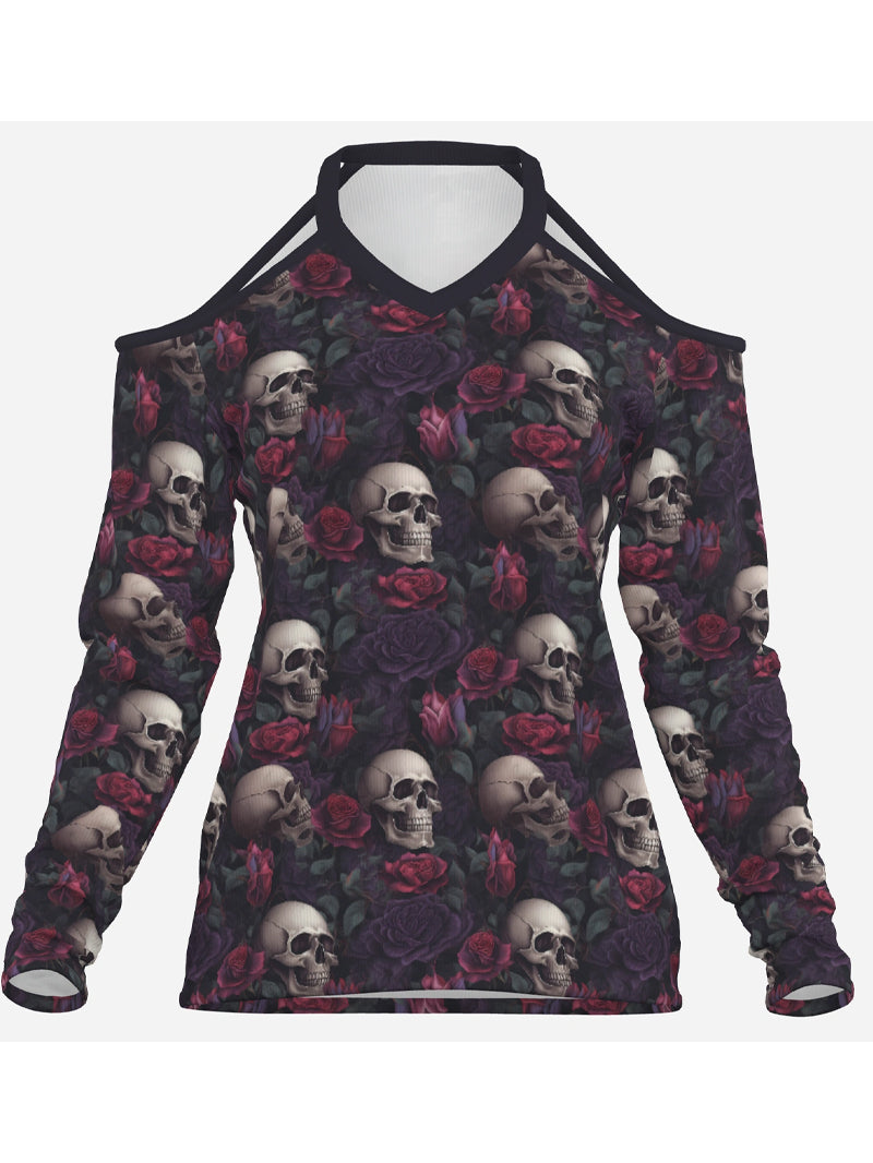 Sexy Women's Gothic Skull Rose Print off-Shoulder Brands Long Sleeve Top