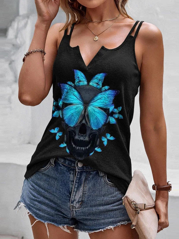 Butterfly Skull Print V-neck Sling Vest