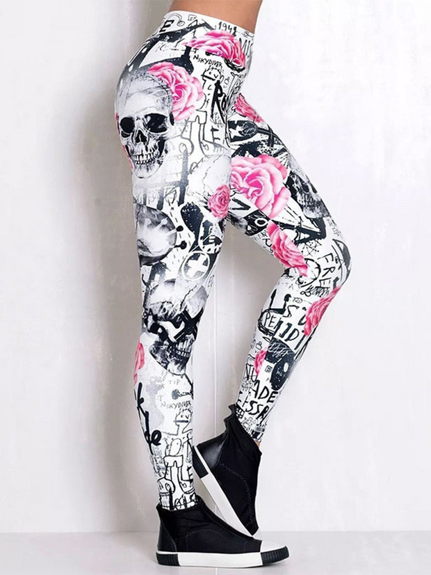 Sexy Yogahose mit hohem Bund und Totenkopf-Hexen-Print