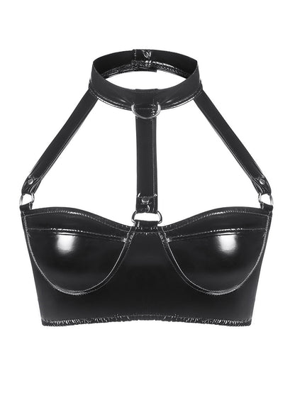 Sexy Patent Leather Bra Leather Halter Strap Underwear