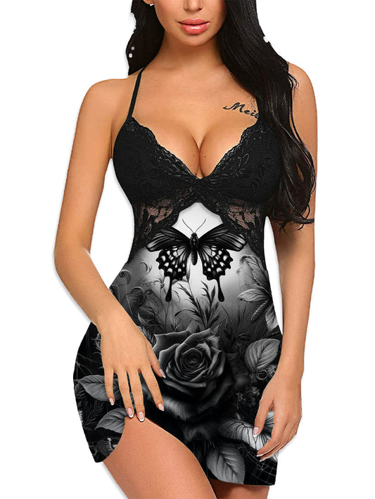 Sexy Gothic Mysterious Butterfly Rose Print Strap Lace Nightdress