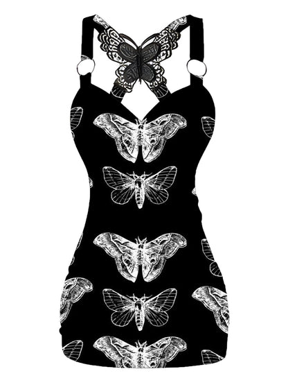 Moth and Butterfly Printed V-neck Sexy Butterfly Back Dress