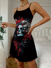 Gothic Skull & Rose Print Lettuce Trim Slip Lounge Dresses