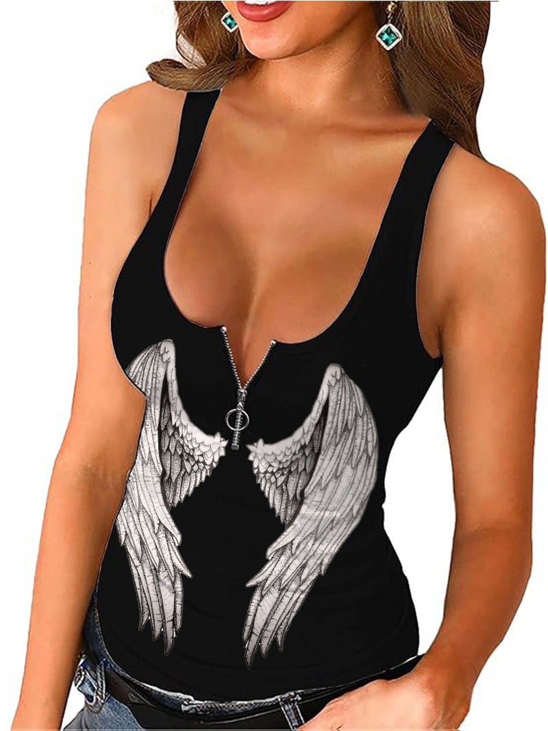 Wings Print Zipper Bottoming Small Sunken Stripe Vest