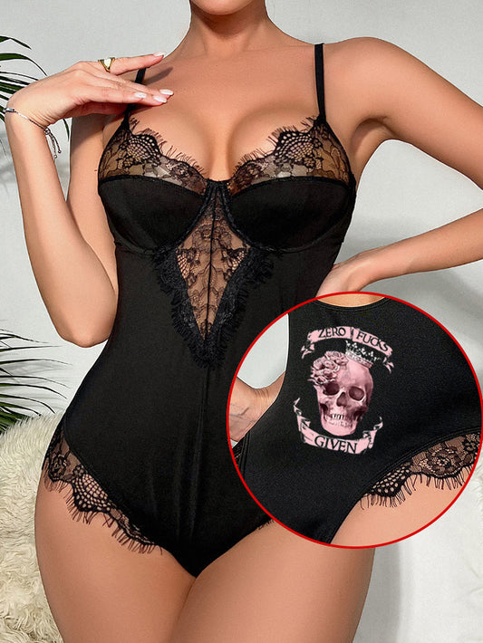 Sexy Gothic Pink Skull Queen Lace Cutout Splicing Sling Jumpsuit