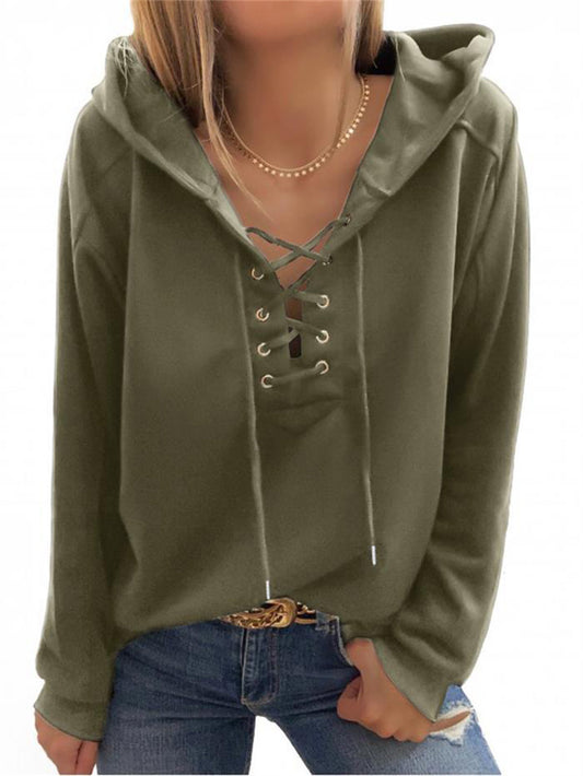 Casual Women's Pure Color Tied Long-Sleeved Hooded Sweater