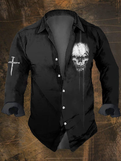 Men's Vintage Skull Cross Print Long Sleeve Shirt