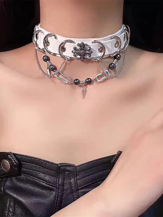 Gothic Style Pu Ring Buckle Bead Necklace Choker