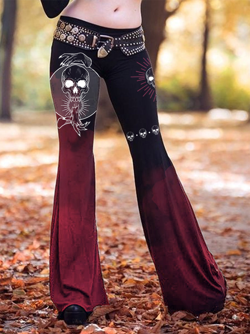 Women's Fashion Gothic Skull Claw Candle Print Bell-Bottoms