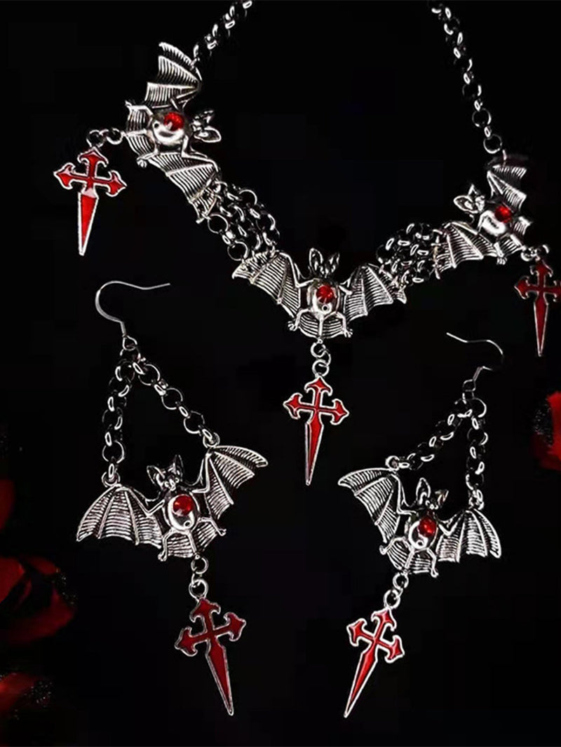 Halloween Gothic Water Drop Bat Cross Earrings and Necklace Set